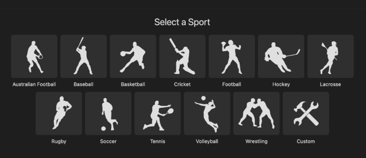 ProScoreboard sport selection with Australian football, baseball, basketball, cricket, football, hockey, lacrosse, rugby, soccer, tennis, volleyball, wrestling, and custom options