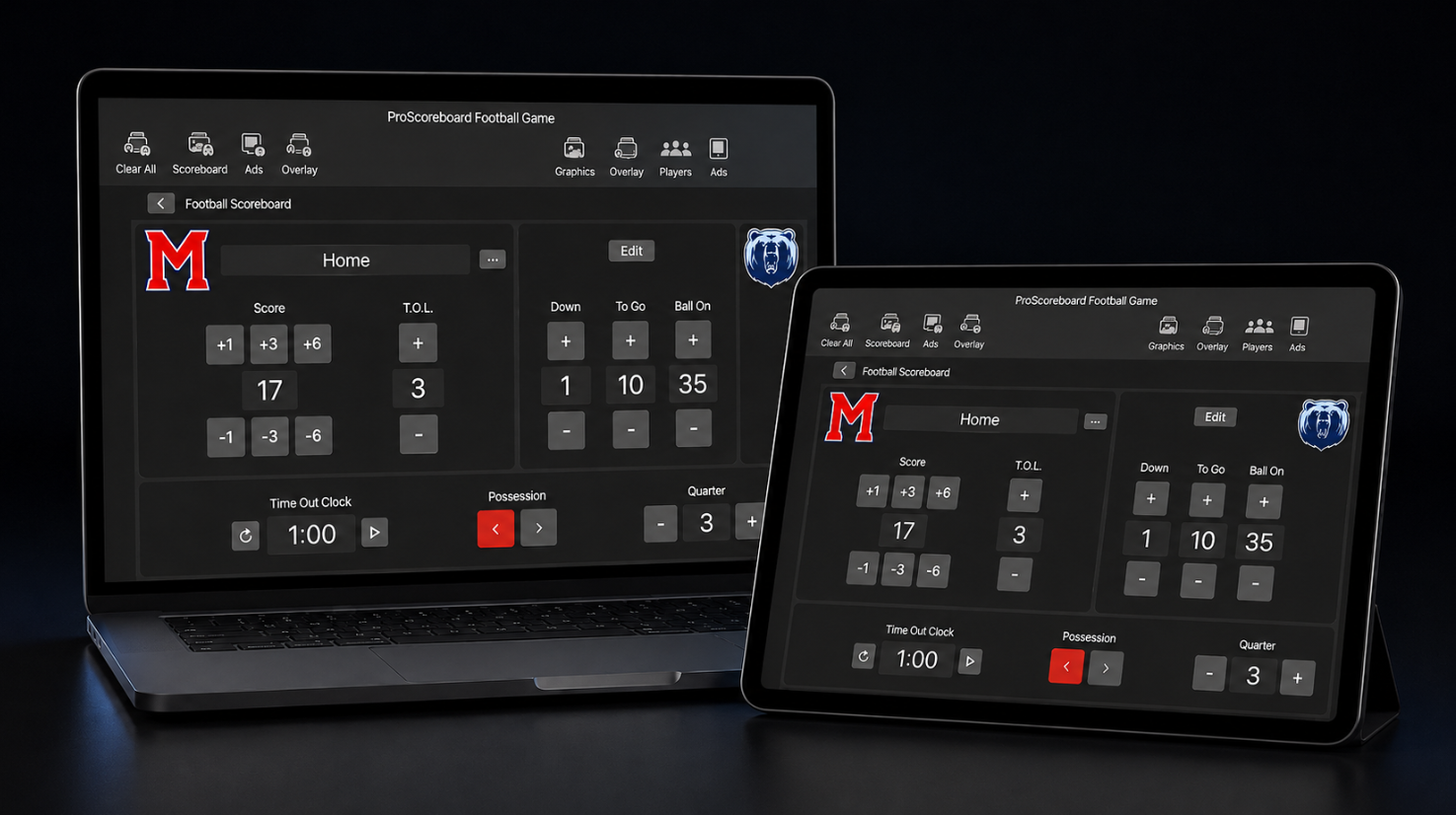 ProScoreboard scoring interface running on a laptop and tablet