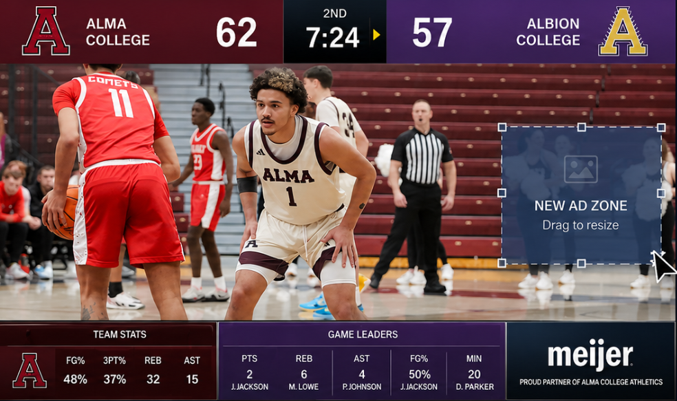 Alma College video scoreboard graphics mockup with live basketball video, score and clock overlay, team statistics, game leaders, and sponsor advertising zones