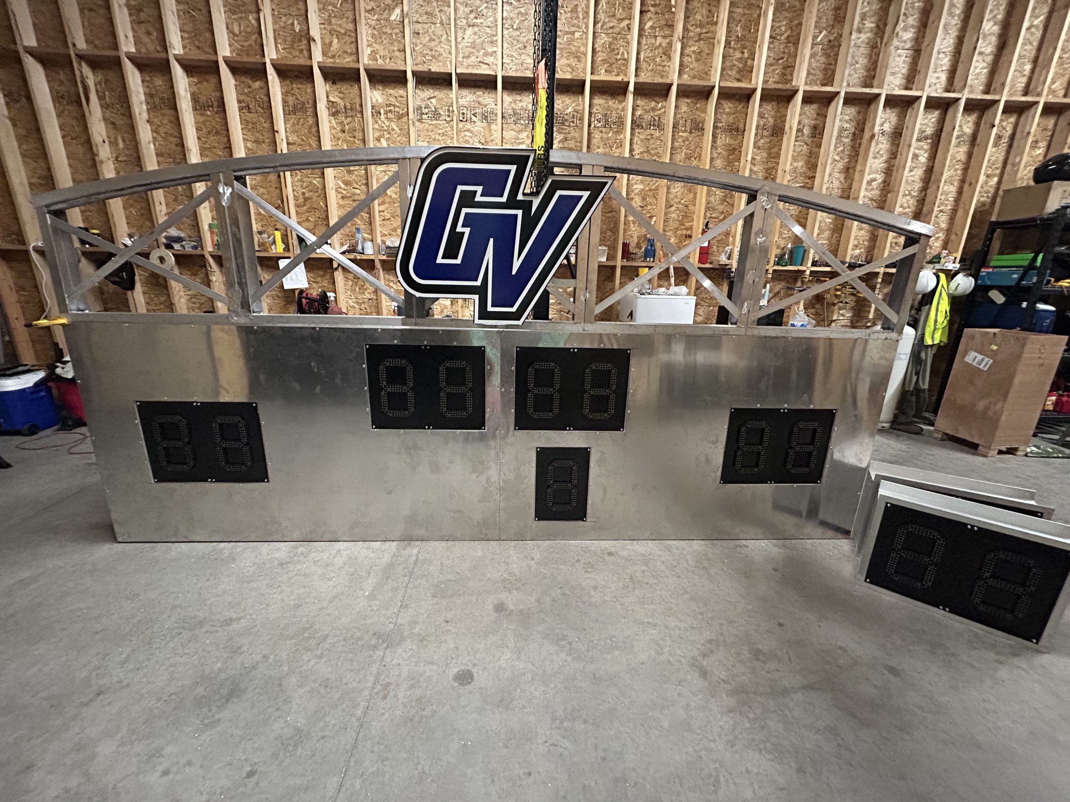 GVSU fixed digit scoreboard cabinet and logo structure during aluminum fabrication