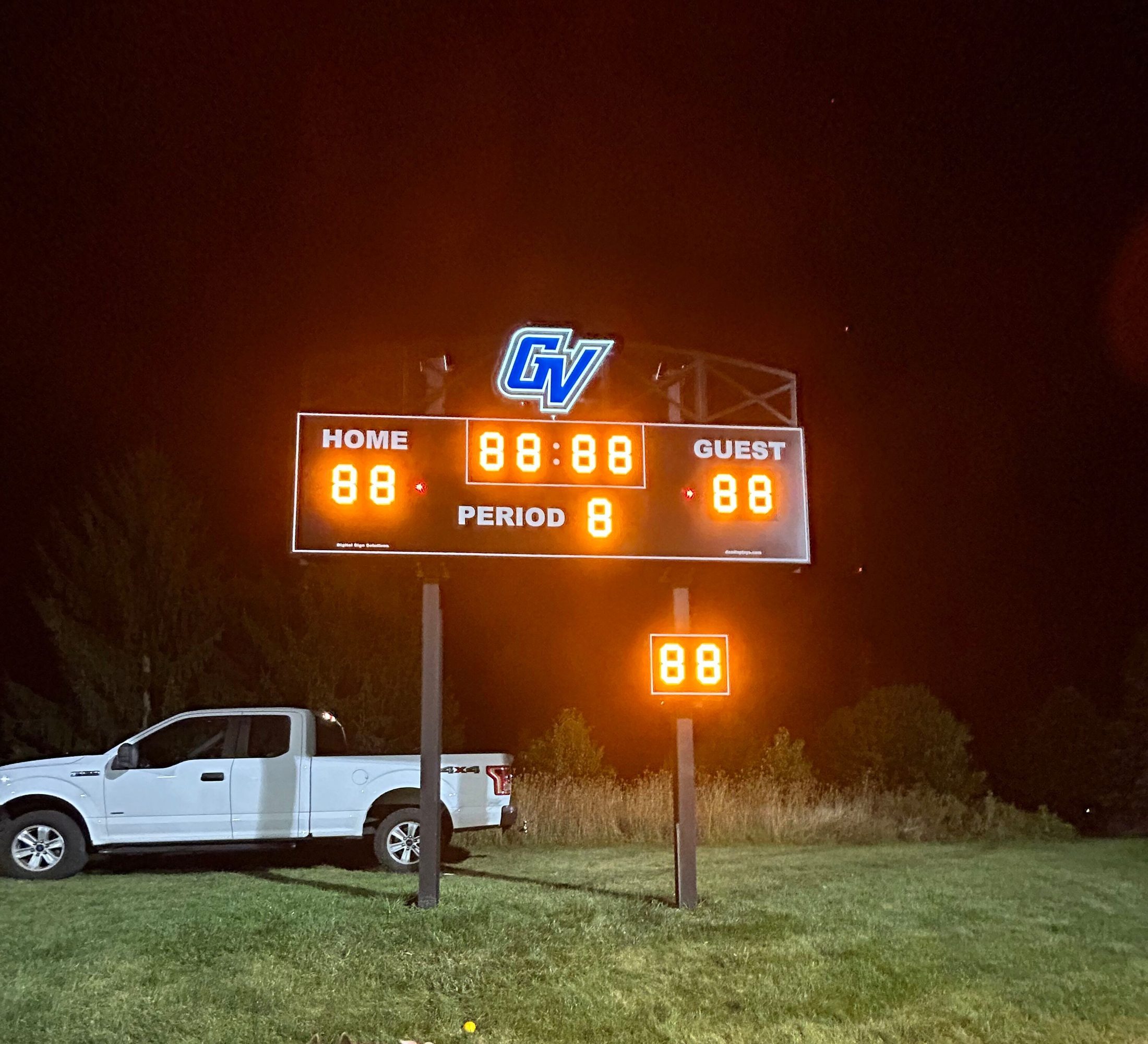 Completed GVSU scoreboard illuminated at night