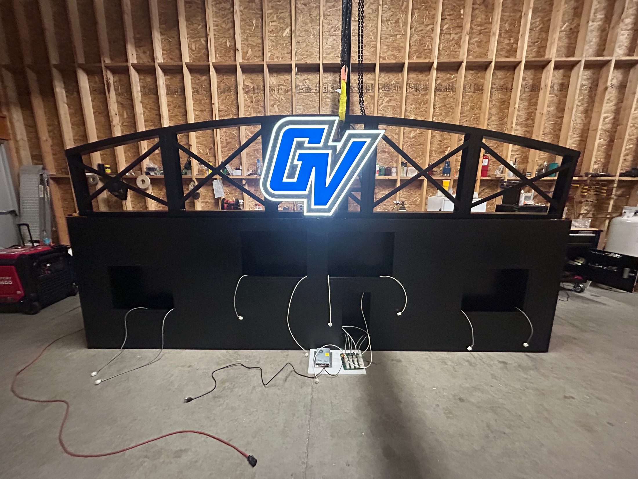 GVSU scoreboard and illuminated logo being assembled in the shop